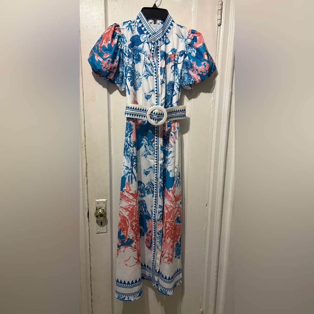 Sunday Blue, White & Coral Printed Maxi Dress with Belt